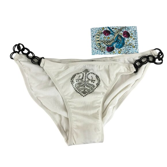 Sinful by Affliction Bikini Bottom Chain Rhinestones Heart Wings White Size M/L - Picture 1 of 4